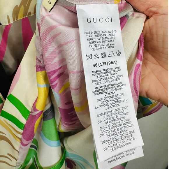NWT Gucci Silk Tan Pink Blue Multi Floral Leaf Printed Blouse 46 / XL - Picture 12 of 16